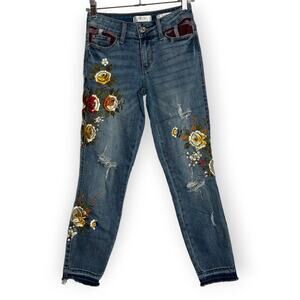 Guess Sexy Curve Floral Embroidered Jeans SIZE 24 x 26 Blue Distressed Raw Hem